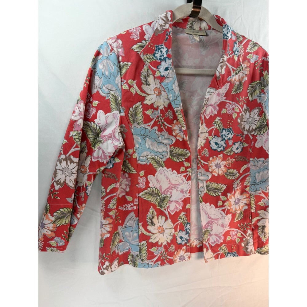 Appleseed's Petites Red Floral Cotton Spandex Open Front Blazer Jacket PM